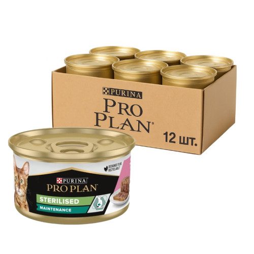 Вологий корм для котів Purina Pro Plan Adult Sterilised Шматочки в паштеті з тунцем та лососем 12х85 г