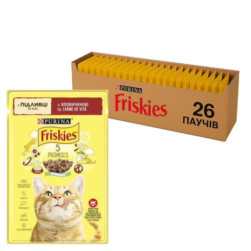 Вологий корм для дорослих кішок Purina Friskies шматочки в підливі з яловичиною (26х85г) Вологий корм для дорослих кішок Purina Friskies шматочки в підливі з яловичиною (26х85г)