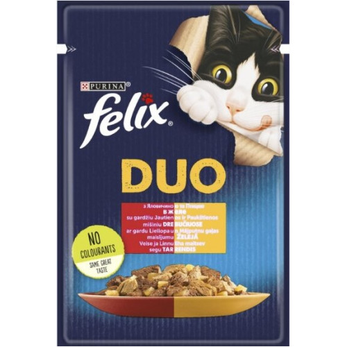Вологий корм для дорослих кішок Purina Felix Fantastic Duo з яловичиною та птицею шматочки в желе 13 шт по 85 г