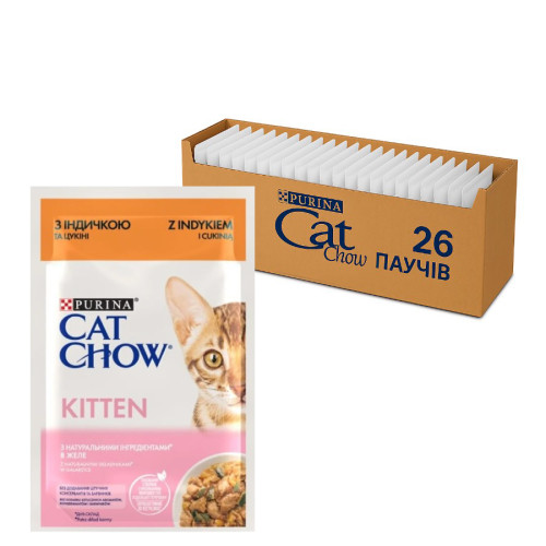 Вологий корм для кошенят Purina Cat Chow Kitten шматочки в желе з індичкою та цукіні (26х85г)