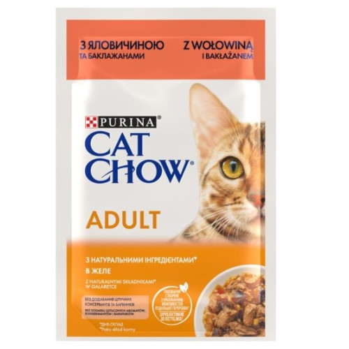 Влажный корм для взрослых кошек Purina Cat Chow Adult кусочки в желе с говядиной и баклажанами 13 шт по 85 г