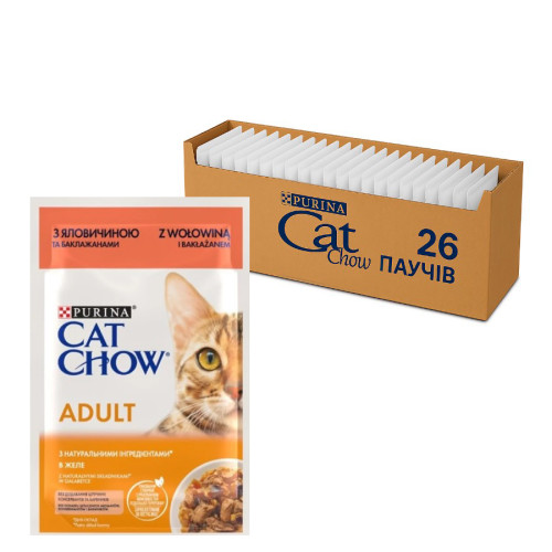 Вологий корм для котів Purina Cat Chow Adult шматочки в желе з яловичиною та баклажанами (26х85г)