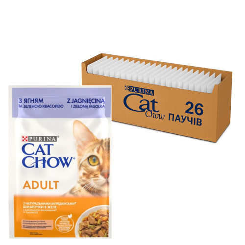 Вологий корм для котів Purina Cat Chow Adult шматочки в желе з ягнятком та зеленою квасолею (26х85г)