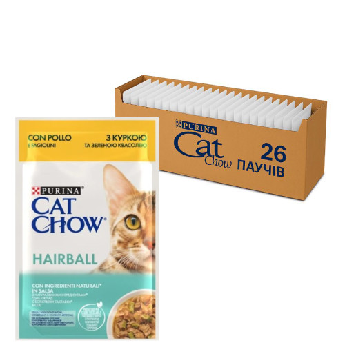Вологий корм для виведення вовни у кішок Purina Cat Chow Hairball з куркою та зеленою квасолею (26х85г)