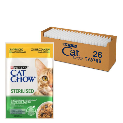 Влажный корм для стерилизованных кошек Purina Cat Chow Sterilised с курицей и баклажанами (26х85г) Влажный корм для стерилизованных кошек Purina Cat Chow Sterilised с курицей и баклажанами (26х85г)