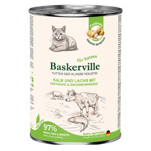 Консерва для кішок Baskerville (Баскервіль) Holistic телятина, лосось та пастернак 400 г.