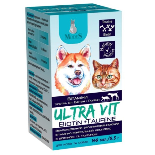 Витаминно-минеральный комплекс ModeS Ultra Vit Biotin + Taurine для кошек и собак с биотином и таурином 140 таблеток по 0.5 г 