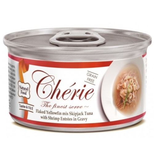 Консерва для котів Cherie з ніжними шматочками жовтоперого тунця та креветок в соусі, 12 шт по 80 г