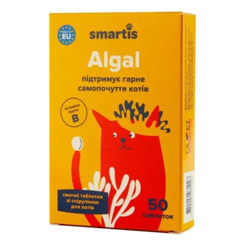 Дополнительный корм Smartis Algal со спирулиной для котов, 50 таблеток