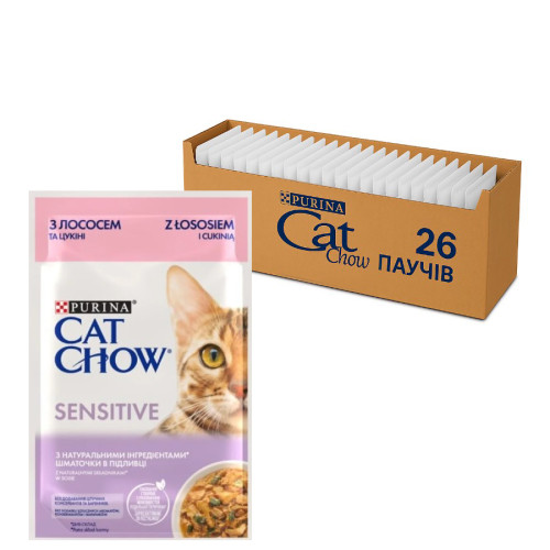 Вологий корм для кішок з чутливим травленням Purina Cat Chow Sensitive з лососем та цукіні (26х85г)