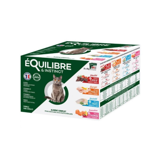 Мультипак вологих кормів для дорослих та стерилізованих котів Equilibre & Instinct зі смаками курки, форелі, яловичини та лосося,24 шт по 85 г