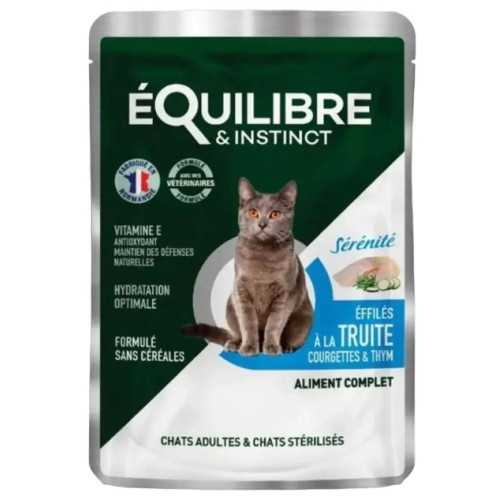 Влажный корм для взрослых и стерилизованных кошек Equilibre & Instinct кусочки в соусе форель кабачок и чабрец, 12 шт по 85 г