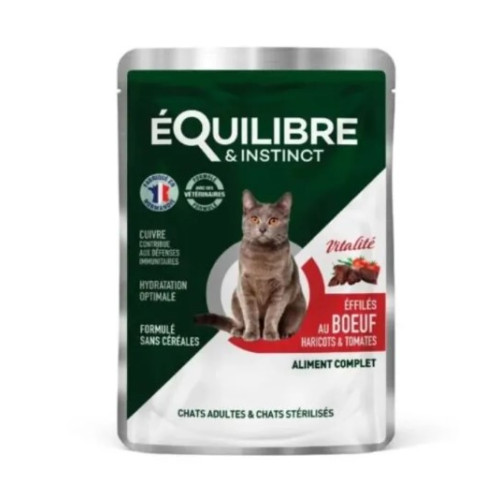 Вологий корм для дорослих та стерилізованих котів Equilibre & Instinct шматочки в соусі яловичина квасоля та томати, 12 шт по 85 г