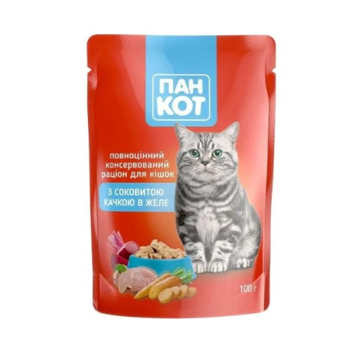 Вологий корм для котів Пан Кіт паучі 12 шт по 100 г (З соковитою качкою в желе)