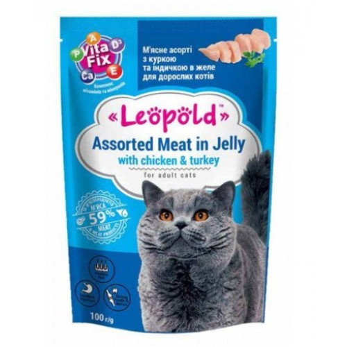 М'ясний корм для котів Леопольд Асорті з куркою та індичкою в желе, 100 г (24шт/уп)