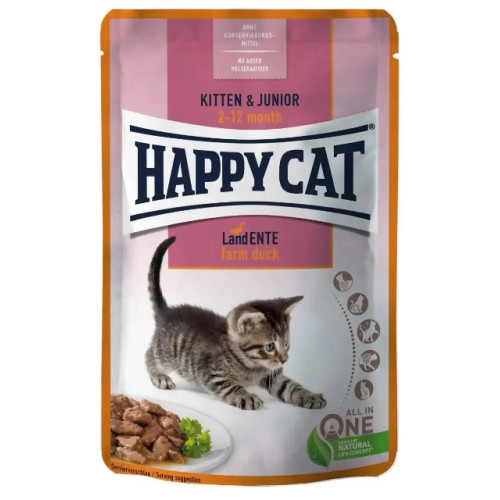 Вологий корм для кошенят Happy Cat Kitten & Junior LandEnte, шматочки в соусі з качкою 85 г