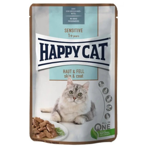 Вологий корм для кішок з підвищеною чутливістю шкіри та вовни Happy Cat Sensitive Haut&Fell, шматочки в соусі 85 г