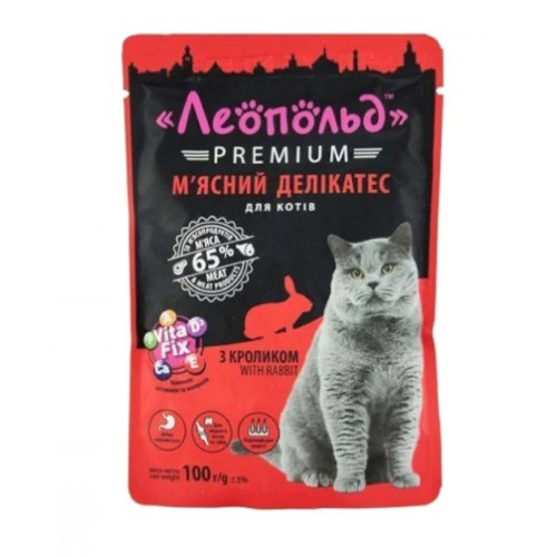 Влажный корм для взрослых котов Леопольд Premium Мясной деликатес с кроликом, 100г х 24шт/уп.
