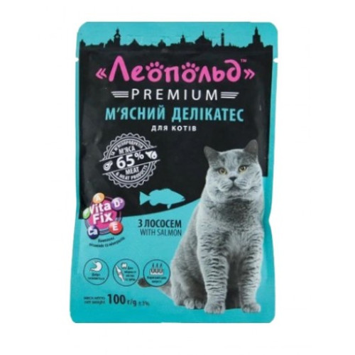 Влажный корм для взрослых котов Леопольд Premium Мясной деликатес с лососем, 100г х 24шт/уп.