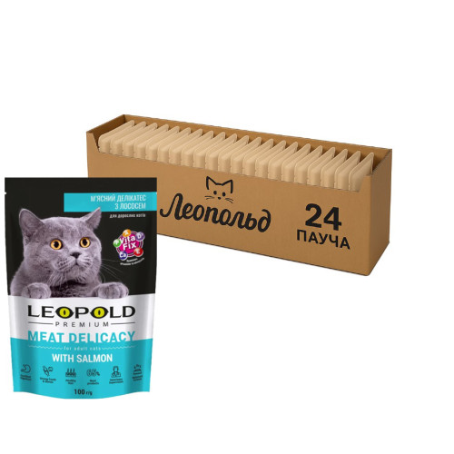Вологий корм для котів ТМ Леопольд Premium М'ясний делікатес з лососем, 24х100 г