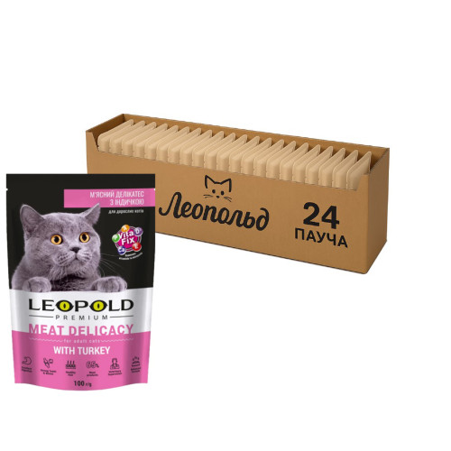 Влажный корм для кошек ТМ Леопольд Premium Мясной деликатес с мясом индейки, 24х100 г