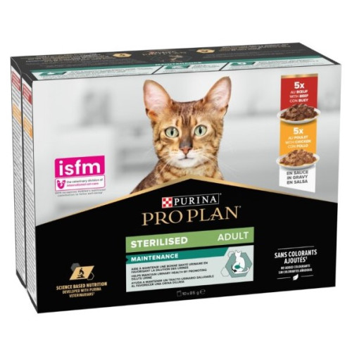 Упаковка влажного корма для взрослых стерилизованных кошек Purina Pro Plan Sterilised кусочки в соусе с говядиной 5 х 85 г, с курицей 5 х 85 г (Мультипак)