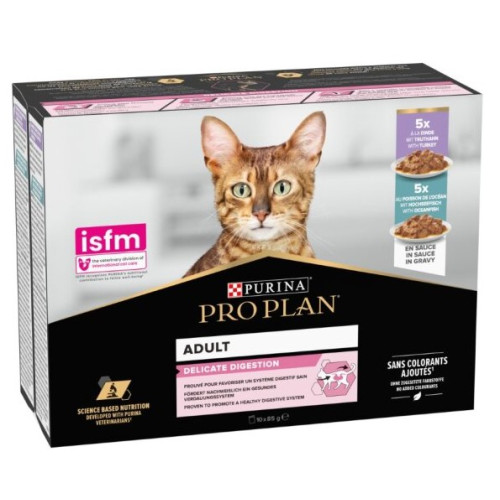 Упаковка влажного корма для взрослых кошек с чувствительным пищеварением Purina Pro Plan Delicate Digestion кусочки в соусе с индейкой 5 х 85 г, с океанической рыбой 5 х 85 г (Мультипак)