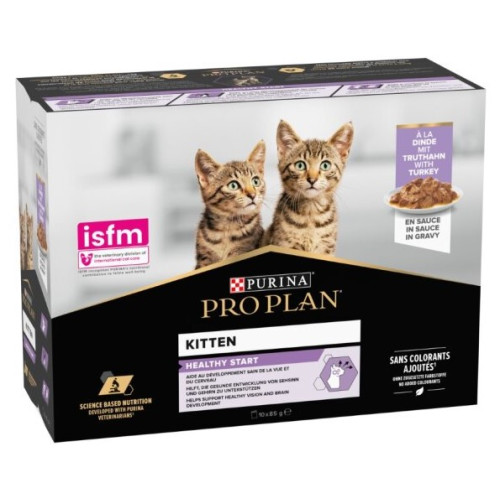 Упаковка вологого корму для кошенят Purina Pro Plan Kitten Healthy Start шматочки в соусі з індичкою 10 x 85 г (Мультипак)