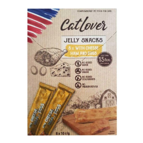 Лакомство для кошек CatLover Jelly Snack Cheese Ham and Eggs, сыр, ветчина и яйцо в желе, 80 г (8 стиков по 10 г)