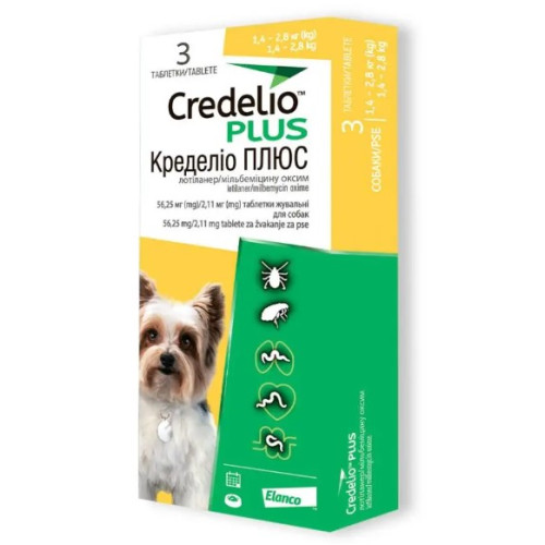 Таблетки противопаразитарные Elanco Credelio Plus для собак от 1,4 до 2,8 кг (3 таб. в уп.)