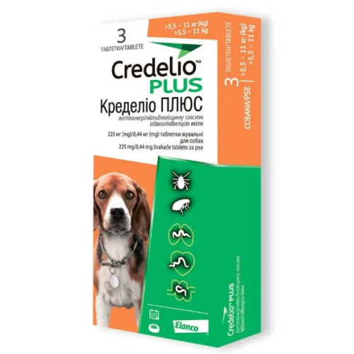 Таблетки противопаразитарные Elanco Credelio Plus для собак от 5,5 до 11 кг (3 таб. в уп.)