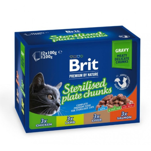 Вологий корм для котів Brit Premium Sterilised pouch Сімейна тарілка асорті 4 смаки, 1200 г