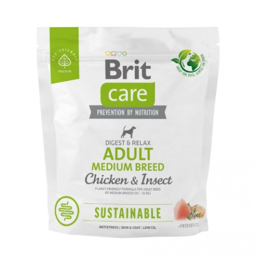 Сухой корм Brit Care Dog Sustainable Adult Medium Breed для собак средних пород, с курицей и насекомыми, 1 кг