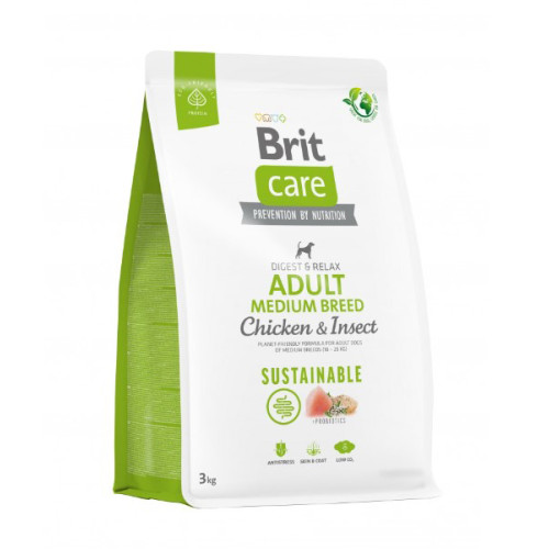 Сухой корм Brit Care Dog Sustainable Adult Medium Breed для собак средних пород, с курицей и насекомыми, 3 кг