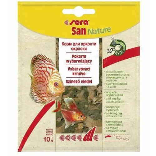 Корм Sera San Nature для посилення кольору всіх декоративних акваріумних риб, пластівці, 10 г