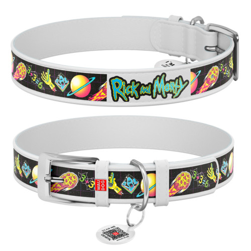 Ошейник для собак кожаный WAUDOG Design с QR паспортом, рисунок "Рик и Морти 3", L, Ш 25 мм, Дл 38-49 см белый