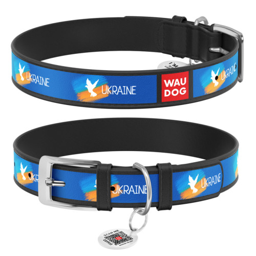 Нашийник для собак шкіряний WAUDOG Design з QR паспортом, малюнок "Прапор", XL, Ш 35 мм, Дов 46-59 см, чорний