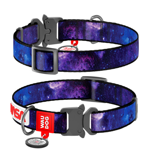 Ошейник для собак нейлоновый WAUDOG Nylon c QR-паспортом, рисунок "NASA21", металлическая пряжка-фастекс, XL, Ш 25 мм, Дл 37-58 см синий