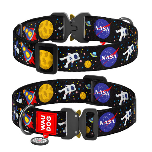 Ошейник для собак нейлоновый WAUDOG Nylon с QR паспортом, рисунок "NASA", металлическая пряжка-фастекс, XXL, Ш 35 мм, Дл 46-70 см