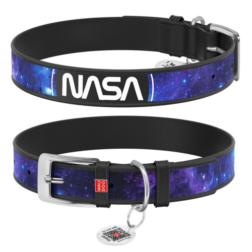 Нашийник для собак шкіряний WAUDOG Design з QR паспортом, малюнок "NASA21",  XXS, Ш 12 мм, Д 18-24 см, чорний