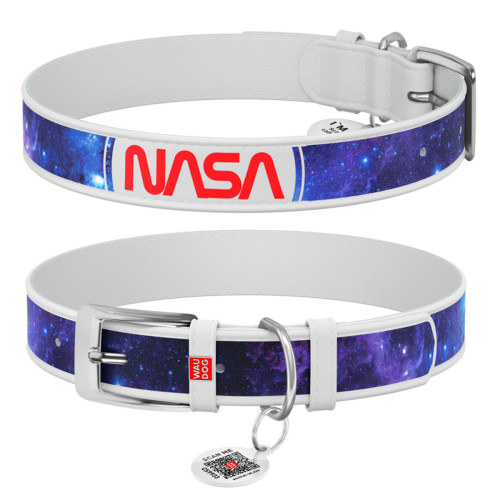 Нашийник для собак шкіряний WAUDOG Design з QR паспортом, малюнок "NASA21", XL, Ш 35 мм, Д 46-59 см, білий