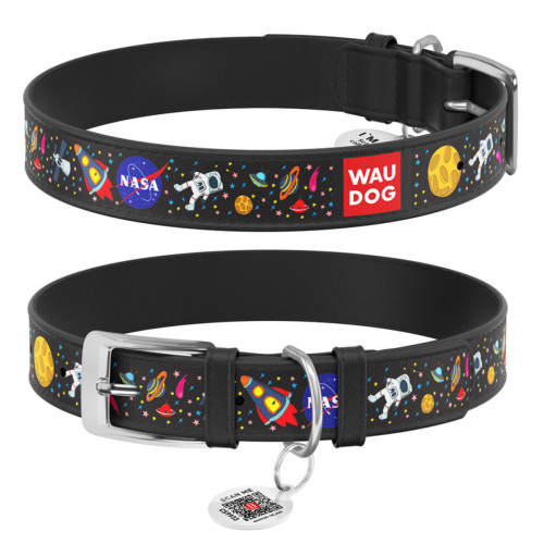 Нашийник для собак шкіряний WAUDOG Design з QR паспортом, малюнок "NASA", M, Ш 20 мм, Дов 29-38 см, чорний