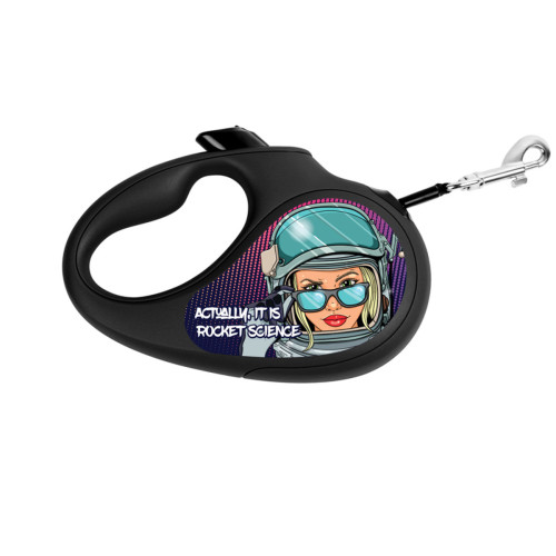 Поводок-рулетка для собак WAUDOG R-leash, рисунок "Космос. Ракетостроение", светоотражающая лента, L, до 50 кг, 5 м черный