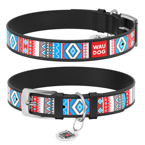 Нашийник для собак шкіряний WAUDOG Design з QR паспортом, малюнок "Етно", XS, Ш 12 мм, Дов 20-28 см, чорний