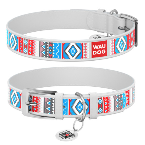 Нашийник для собак шкіряний WAUDOG Design з QR паспортом, малюнок "Етно", XS, Ш 12 мм, Дов 20-28 см, білий