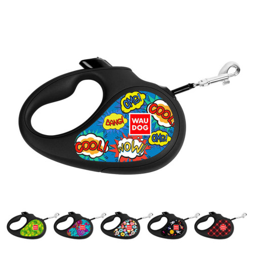 Повідець-рулетка для собак WAUDOG R-leash, малюнок "ВАУ", L, до 50 кг, 5 м, світловідбиваюча стрічка
