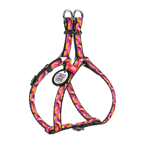 Шлея для котов и мелких пород собак WAUDOG Nylon c QR паспортом, рисунок "Бананы на розовом", пластиковый фастекс, XS, Ш 10 мм, B=C 28-40 см