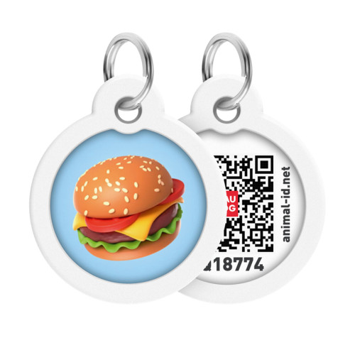 Адресник для собак і котів металевий WAUDOG Smart ID з QR паспортом, малюнок "Гамбургер", коло, Д 30 мм