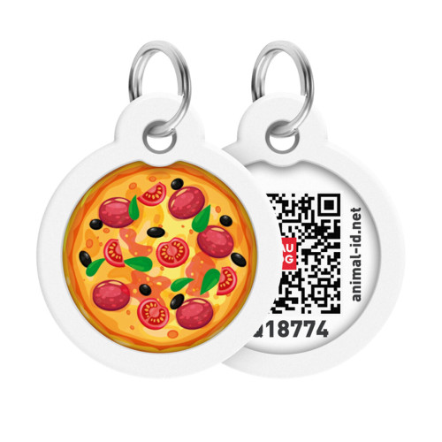 Адресник для собак и котов металлический WAUDOG Smart ID c QR паспортом, рисунок "Пицца", круг, Д 30 мм
