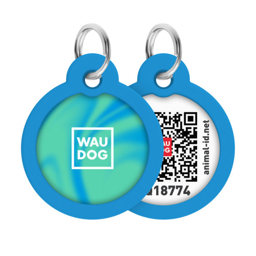 Адресник для собак і котів металевий WAUDOG Smart ID з QR паспортом, малюнок "Градієнт блакитний", коло, Д 30 мм